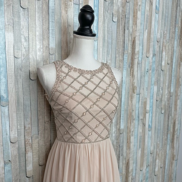 Adrianna Papell 2 Blush Embellished Beaded Bodice Chiffon Flared Dress Bhldn - Picture 4 of 9